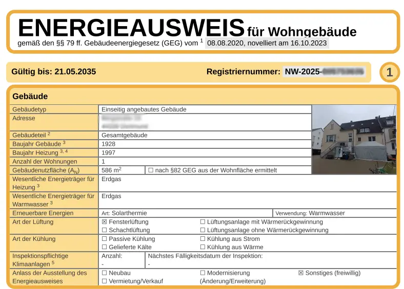 Beispiel eines offiziellen Energieausweises für Wohngebäude